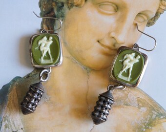 Olive cameo earrings, Statement earrings, Silver earrings, Handmade jewelry, OOAK, Gift for her, Bohemian earrings, Vintage cameo, Boho