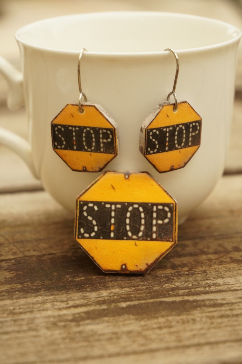 Stop Brooch Pin Road Signs Industrial Jewelry Yellow Etsy