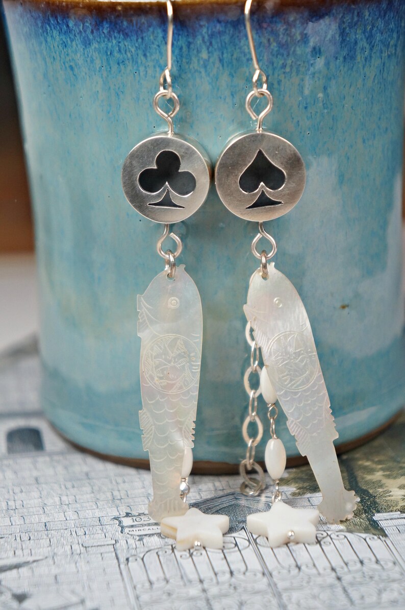 Dangle earrings 18th century antique counters Sterling silver Silver earrings 19th century Long earrings Gaming counters Fish earrings