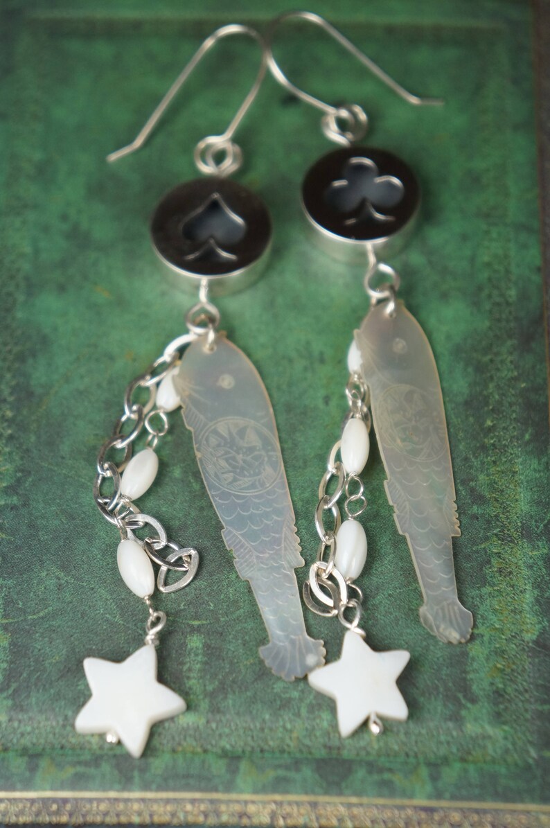 Dangle earrings 18th century antique counters Sterling silver Silver earrings 19th century Long earrings Gaming counters Fish earrings