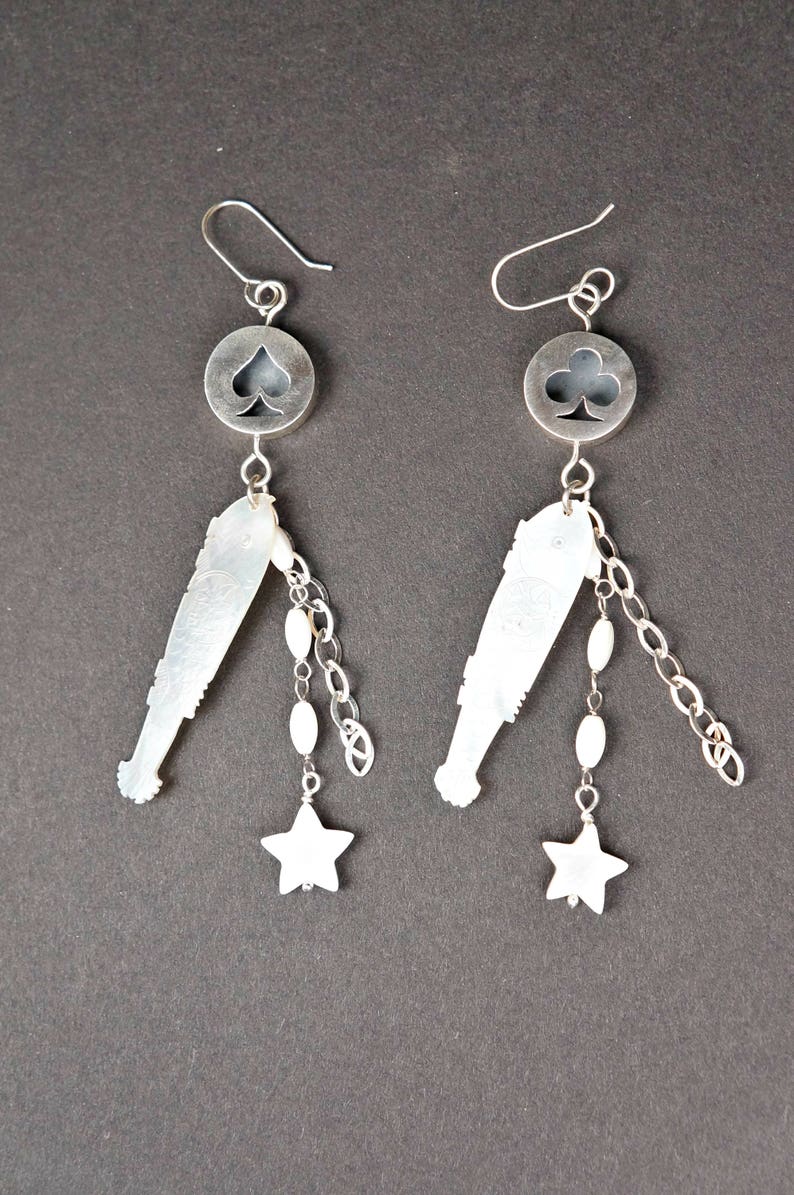 Dangle earrings 18th century antique counters Sterling silver Silver earrings 19th century Long earrings Gaming counters Fish earrings