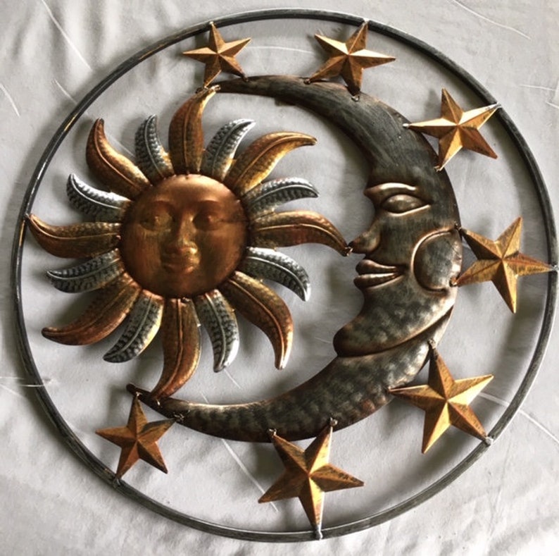 17 inch round metal sun and moon with stars. Outdoor garden Etsy