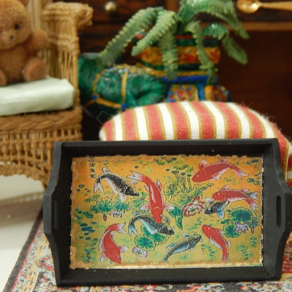 Black Wood Tea Tray with Picture of Koi Fish 1:12 scale Miniature Handmade Dollhouse Mini Collector Gift  Accessory Home Decor
