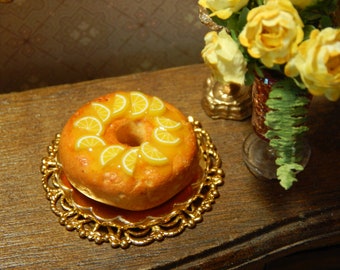 Miniature Lemon Baba au Rum Cake with Lemon Slices On Gold Tray Handmade 1:12 scale Dollhouse Bakery, Dessert Mini Collector Gift