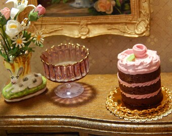 1:12 Scale Chocolate Three Layer Cake With Pink Rose and Gold Metal Tray  Handmade Miniature Dollhouse Collector Gift Bakery Dessert