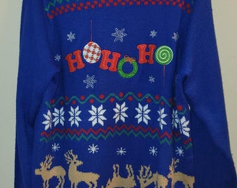 Grands pulls de Noël moche bleu marine Ho Ho Ho flocon de neige renne Jolly Brand