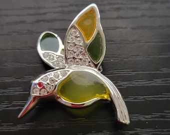 Broche Colibri Plique a Jour Laisse entrer la lumière du jour Ailes colorées argentées