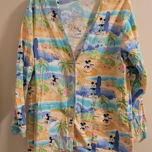 Vintage Disney Scrub Mickey Minnie Mouse Jacket Long Sleeve Size S Beach Scene