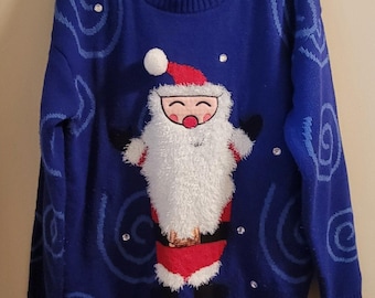 Pull de Noël moche femme XL New Directions - Bleu marine avec strass Père Noël