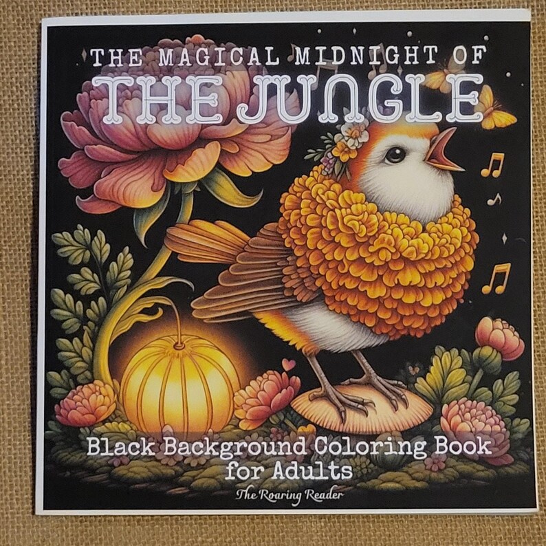 Libro para colorear para adultos: La mágica medianoche de la jungla, fondo negro. imagen 1