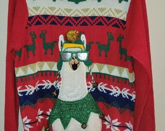 Pull de Noël Holiday Time XL/XG (14-16 ans) Husky Party Llama Bellsv Moche rouge