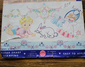 1930s Walker's Hot Iron Embroidery Transfer Pattern 717, Baby Animals, Flowers