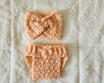 Bundle of Joy Crochet Ear warmer and Diaper Cover Set - Baby Crochet set