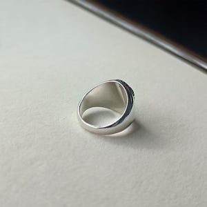 Pode incluir: Um anel de sinete prateado com uma face retangular. O anel tem um acabamento polido e uma banda espessa. A face do anel &eacute; adornada com pequenas pedras escuras. O anel est&aacute; sobre um fundo neutro.