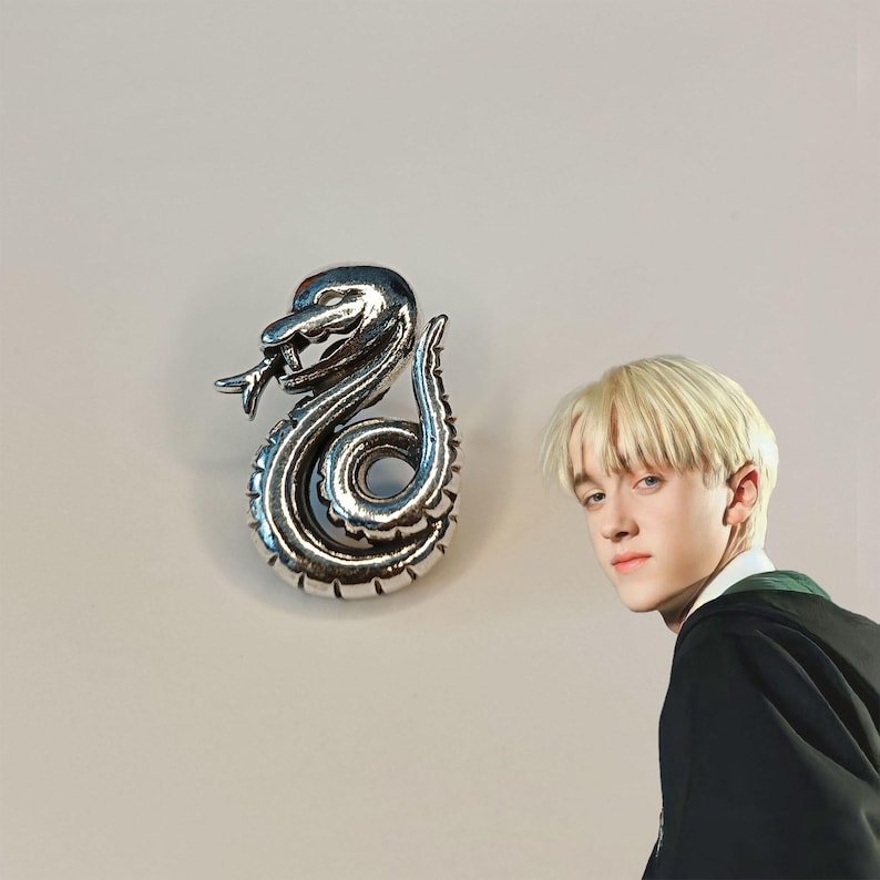 May include: A silver-colored snake emblem with intricate detailing, possibly a brooch or pendant. The snake is coiled and has a detailed head with an open mouth. The background is a plain, light-colored wall.