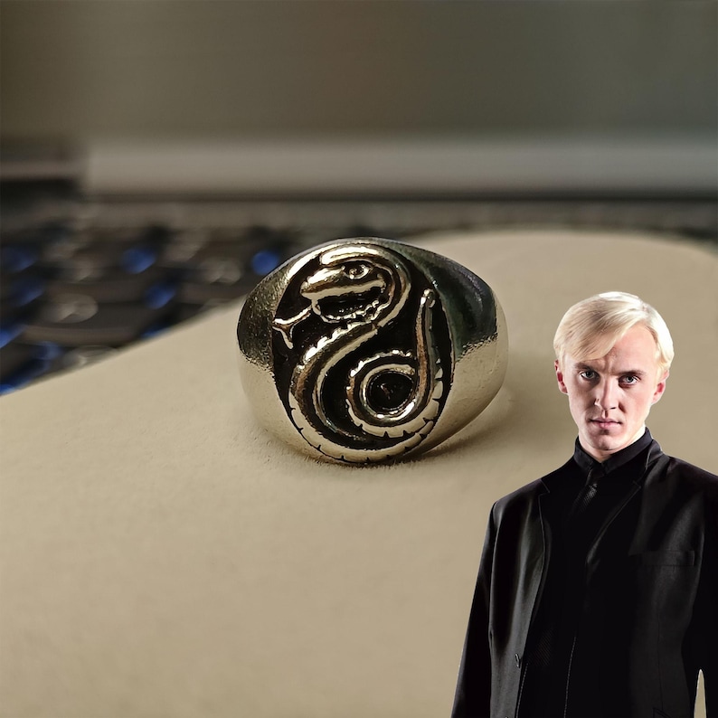 Pode incluir: Anel prateado com um design detalhado de cobra. O anel apresenta um emblema de cobra em relevo com escamas intrincadas e um corpo curvo. A cobra est&aacute; centrada em uma banda redonda e polida. &Eacute; uma joia.