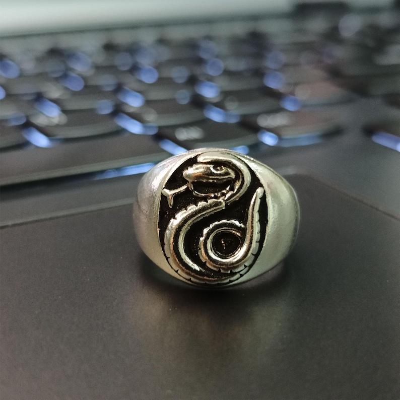 Pode incluir: Um anel prateado com um design detalhado de cobra. A cobra est&aacute; enrolada dentro de um oval escuro, criando um contraste marcante. O anel &eacute; provavelmente feito de metal e tem um acabamento polido, adequado para joias.