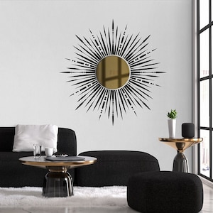 Black & Gold Sunburst Mirror, Boho Sun Wall Decal, Small Wall Mirror, Decorative Mirror, Henna Vinyl Decals - SKU:SUNB