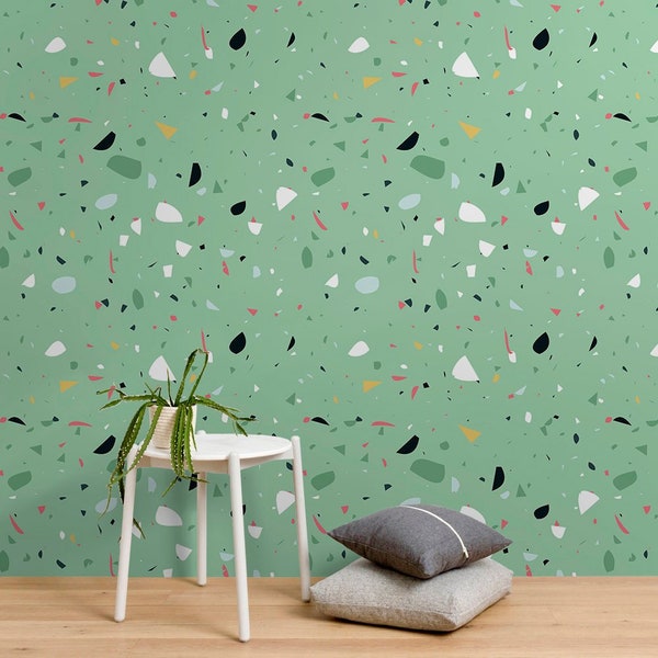 Terrazzo Green - Terrazzo Pattern Wallpaper, Wall Art, Wall Decor, Wall Decoration, Removable Wallpaper, Peel and Stick Wallpaper - SKU:GTRR