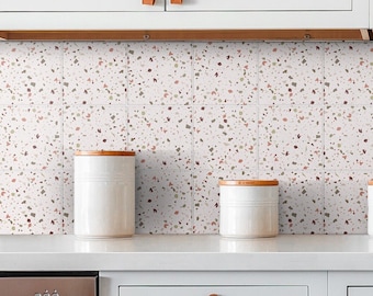 Red White Terrazzo Tile Stickers, Peel & Stick, Tiles for Kitchen/Bathroom, Removable Vinyl, Peel n Stick, Pack of 10, SKU:RWTI