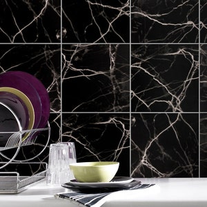 Black Marble Tile Sticker, Black Granite Tile Sticker, Suitable Wall and Floor, Vinyl Matte, Waterproof, Tile Sticker, Pack of 10, SKU:BLM