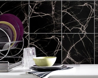 Adesivo per piastrelle effetto marmo nero, adesivo per piastrelle effetto granito nero, adatto per pareti e pavimenti, vinile opaco, impermeabile, confezione da 10, SKU:BLM