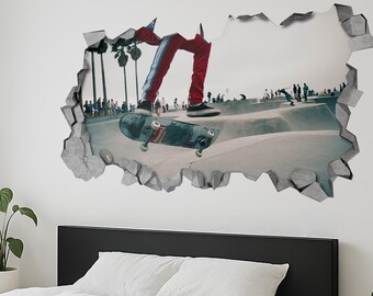 Skate Wall Decal Smashed, Peel And Stick, Home Boys Kids Room Decor Gift, Large Wall Art, SKU:SKT3DW