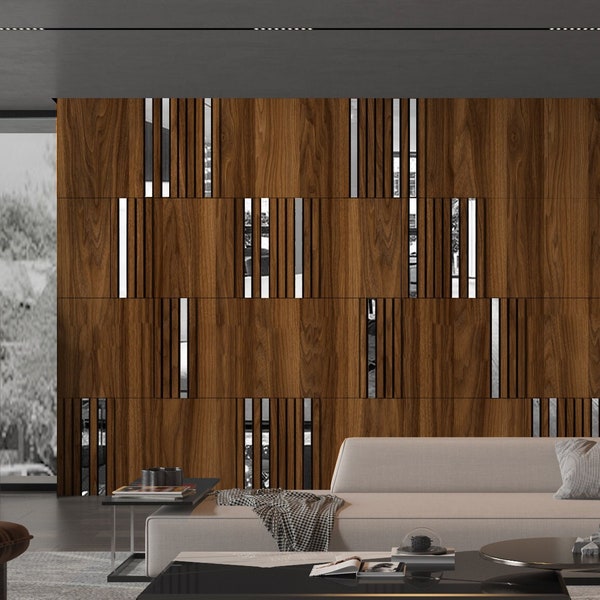 Paneles de pared modulares de madera oscura y espejo plateado, paneles de pared 3D, paneles de pared modernos, paneles de pared grandes, SKU:MDWS