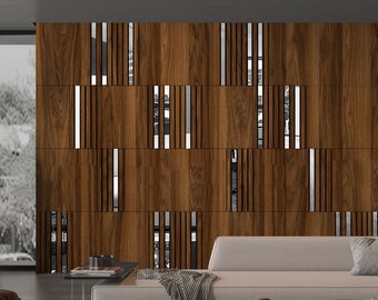 Modular Wall Panels Dark Wood and Silver Mirror, 3D Wall Panels, Modern Wall Panels, Large Wall Panels, SKU:MDWS