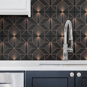 Black and Rose Gold Pattern - Art Deco Tile Stickers - Peel and Stick Dark Stickers - Tiles for Kitchen/Bathroom - PACK of 10 - SKU:BLRG