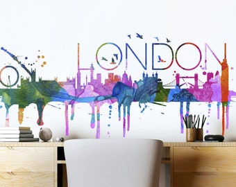 London Skyline Wall Decal, London Cityscape Wall Art, UK Wall Decor, London Wall Sticker, Travel Wall Art, SKU:LonSkWatStick