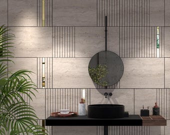 May include: A black bathroom vanity with a black sink and a round mirror. The vanity is mounted on a wall with beige tiles and black lines.