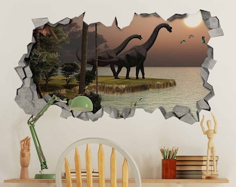 Brachiosaurus -Dinosaur - Sunset - Broken Wall Decal - 3d Wallpaper - Wall Decal - 3d wall decals - 3d printed - 3d wall art - SKU: BDS3DW