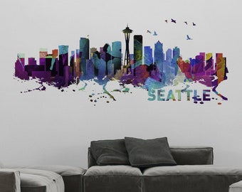 Seattle ligne d'horizon - Aquarelle Imprimer - Stickers muraux - Disponible comme affiche - SKU: SeaSkyWat