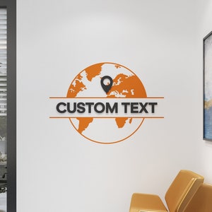 Benutzerdefinierter Text Firmenname, Weltkarte, benutzerdefiniertes Büroschild, Bürodekor, 3D-Wanddekoration, SKU: CTWM