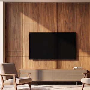 Op de afbeelding: Een flatscreen-televisie gemonteerd op een houten wand boven een lang, laag beige mediameubel. Twee fauteuils met lichtgekleurde kussens en donkerhouten frames staan aan weerszijden van het meubel op een groot vloerkleed.