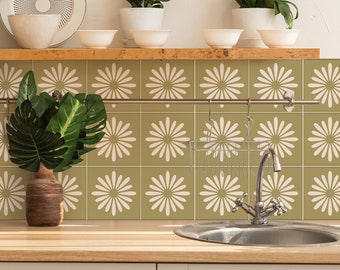 Green Flower Tile Decals, Olive Boho Flower Tile Stickers, Peel & Stick, Removable Tile Sticker, Pack of 10, SKU:OLFL