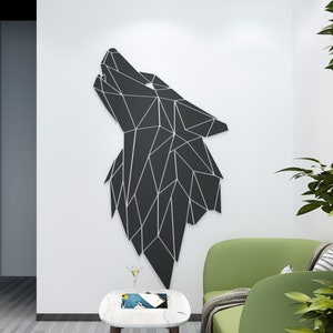 Decoración de pared con cabeza de lobo geométrica, arte de pared geométrico animal, decoración de figuras geométricas, arte de pared colgante, SKU: WOLF