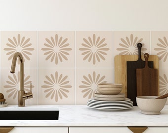 Soft Terracotta Tile Decals, Beige Boho Flower Tile Stickers, Peel & Stick, Removable Tile Sticker, Pack of 10, SKU:BHFW