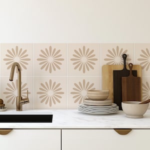 Soft Terracotta Tile Decals, Beige Boho Flower Tile Stickers, Peel & Stick, Removable Tile Sticker, Pack of 10, SKU:BHFW