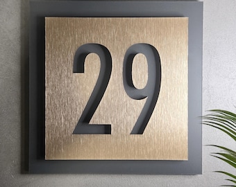 Custom Number Door Sign, Office Door Number Plate, Condo Room Numbers, Hotel Room Number, Brushed Gold and Dark Grey Finish, SKU:OB2L
