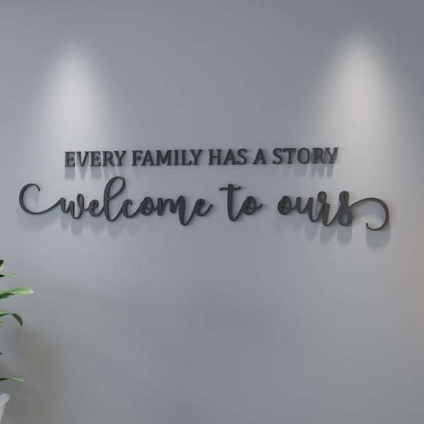 Chaque famille a une histoire, bienvenue dans la nôtre, art mural inspirant, lettrage art, citation salle à manger, SKU : EFHS