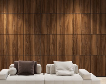 Könnte beinhalten: Ein weißes, geteiltes Sofa mit braunen Kissen steht vor einer Wand mit Holzverkleidung. Das Sofa steht auf einem hellgrauen Teppich.