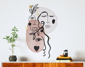 Three Faces Boho Wall Decal, Bohemian Wall Decor, Woman Face Line Drawing, Face and Flowers Neutral Colors, Boho Wall Decor - SKU:FCBH