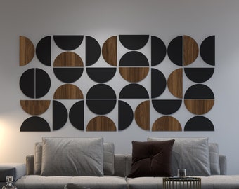 Demi-cercles texturés Imitation bois foncé, Art mural géométrique 3D, Panneaux muraux, Moderne Mid-Century, SKU :WOCI