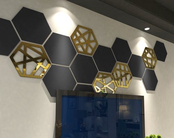 Paneles de pared hexagonales, decoración de pared 3D, arte de pared poligonal, arte de pared decorativo de panal, 16 hexágonos por paquete, SKU:HXGM