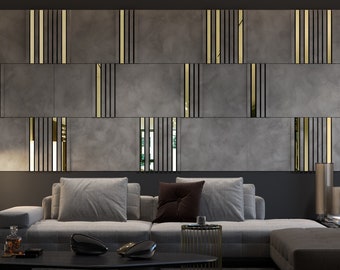 Modular Wall Panels Concrete and Gold Mirror, 3D Wall Panels, Modern Wall Panels, Large Wall Panels, SKU:MDCG