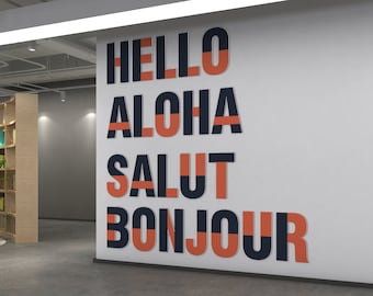 Hello, Aloha, Salut, Bonjour, Office Wall Art Decor, Large Office Lobby Signs, 3D Typography, SKU:HASB