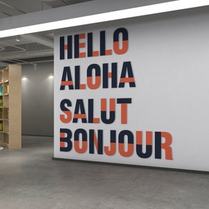 Hello, Aloha, Salut, Bonjour, Office Wall Art Decor, Large Office Lobby Signs, 3D Typography, SKU:HASB