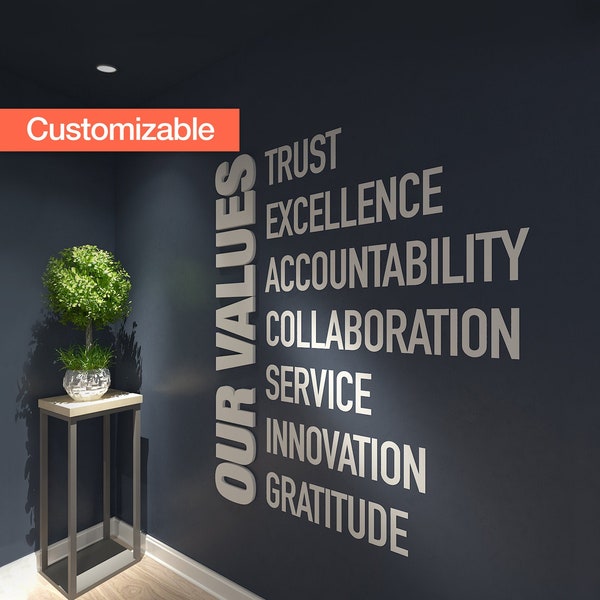 Our Values, Office, Wall, Art, Decor, 3D, PVC, Typography, Inspirational, Motivational, Work, Sucess, Decals, Office Decor - SKU:VALUES